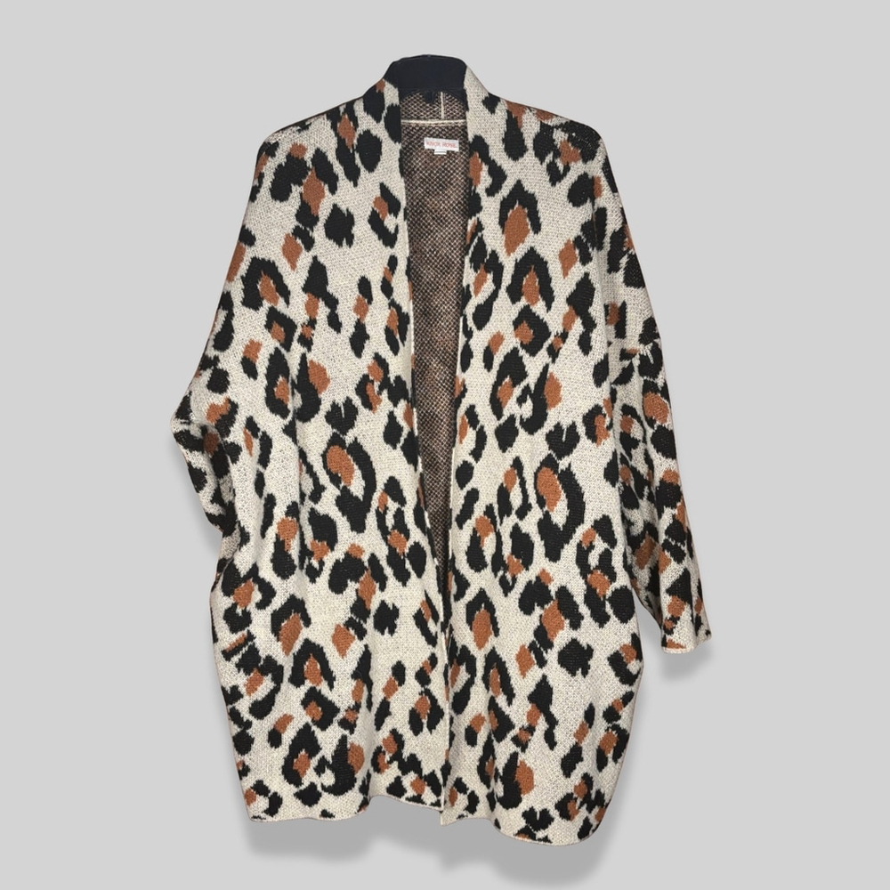 Knox Rose Cardigan Open Front Knit Sweater Leopard Print Pattern Multicolor W 3X